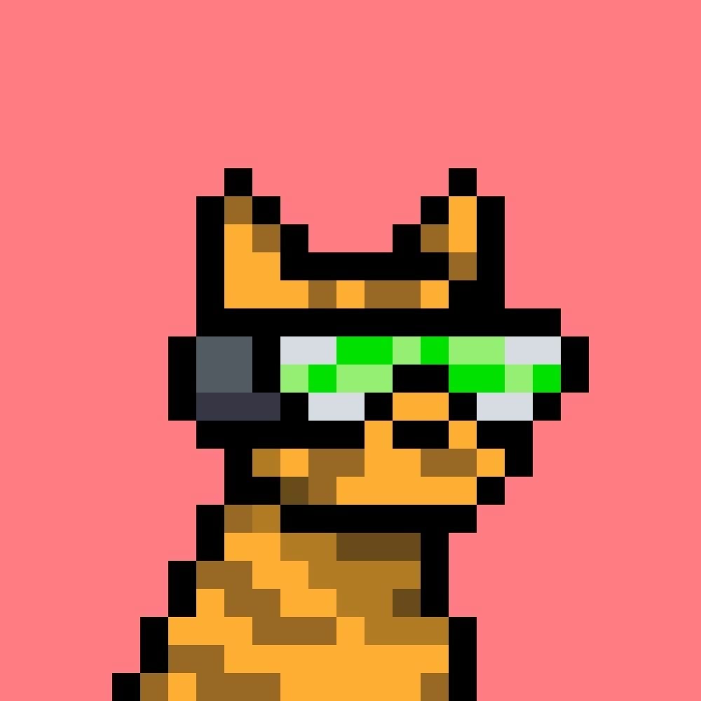 Doginal Dog inscription held by Rus (RusMetaX): gold pixel dog with green checkered glasses on pink
